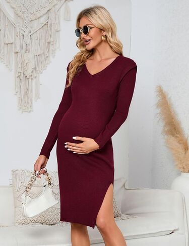 KOJOOIN Women's Maternity V Neck Sweater Dress Rib Knit Long Sleeve Bodycon Side Slit Midi Dress Fall Photoshoot Baby Shower in Saudi Arabia