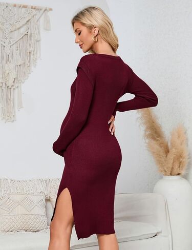 KOJOOIN Women's Maternity V Neck Sweater Dress Rib Knit Long Sleeve Bodycon Side Slit Midi Dress Fall Photoshoot Baby Shower in Saudi Arabia