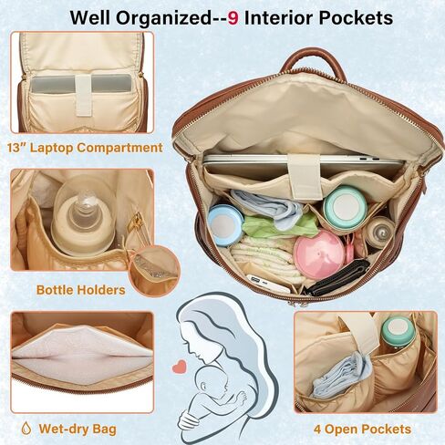 Leather Diaper Bag Backpack for Women with Multiple Pockets,Laptop Compartment and Changing Pad in Kuwait