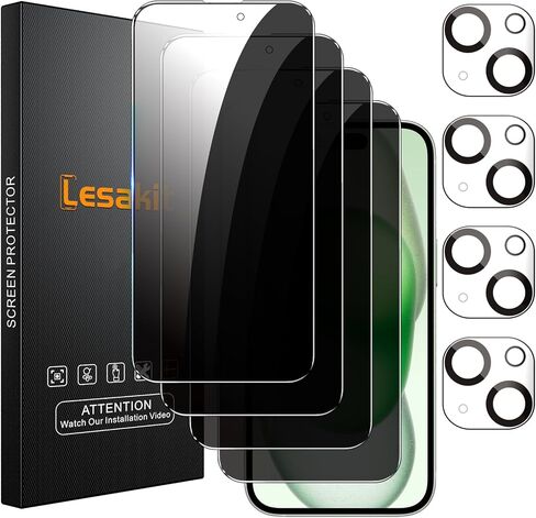 4+4 Pack Privacy Screen Protector for iPhone 15 Pro 6.1-Inch with 4 Pack Camera Lens Protector, Anti Spy Tempered Glass Film 9H Hardness Case Friendly in Saudi Arabia