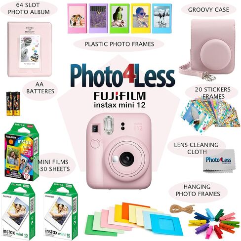 Fujifilm Instax Mini 12 Instant Film Camera, Fuji Instax Mini Film (20 Sheets), Fuji Rainbow Instant Film (10 Sheets), Protective Case, Album, Insax Mini Accessory Bundle (Blossom Pink) in Saudi Arabia