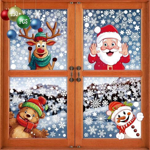430+ Christmas Window Clings, Double Sided 40+ Designs Colorful Santa Claus & White Snowflakes Static Stickers Glass Window Decoration Reusable New Year Decals for Winter Holiday (9 Sheets) in Kuwait