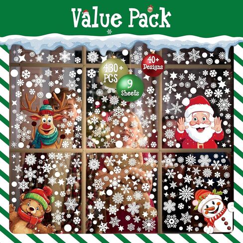 430+ Christmas Window Clings, Double Sided 40+ Designs Colorful Santa Claus & White Snowflakes Static Stickers Glass Window Decoration Reusable New Year Decals for Winter Holiday (9 Sheets) in Kuwait
