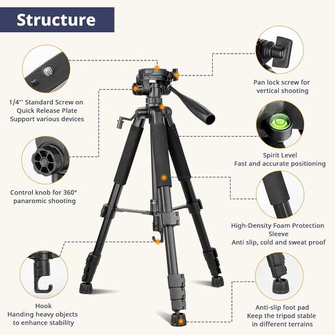Eicaus 67 Inch Heavy Duty Tripod Stand for Cameras, Cell Phones, Projectors, Webcams, Spotting Scopes - Complete Unit for Canon, Nikon, Sony - Perfect for Phone & Camera Photography in Saudi Arabia