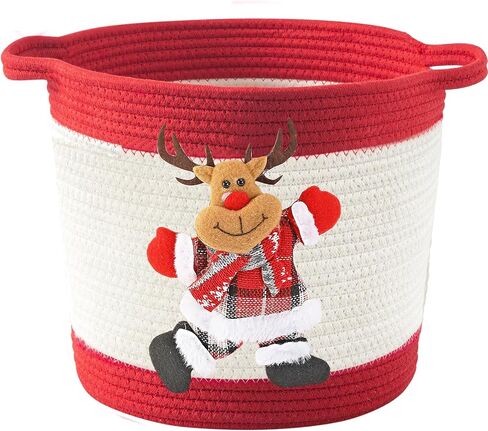 Christmas Gift Basket Empty, Christmas Decoration Storage Basket with Handle for Holiday, Baby Gift Basket for Toys, Towels, Diapers, Woven Cotton Rope Basket With Christmas Reindeer, Red in Kuwait