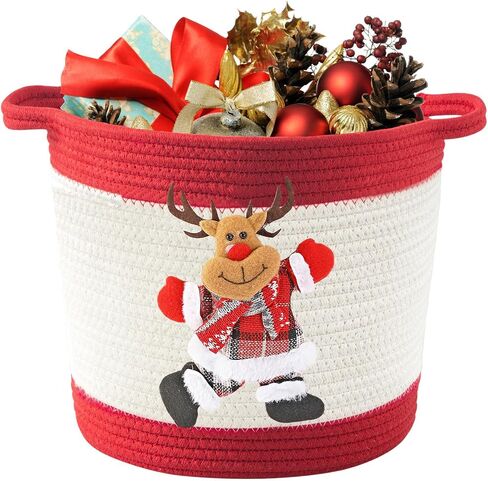 Christmas Gift Basket Empty, Christmas Decoration Storage Basket with Handle for Holiday, Baby Gift Basket for Toys, Towels, Diapers, Woven Cotton Rope Basket With Christmas Reindeer, Red in Kuwait
