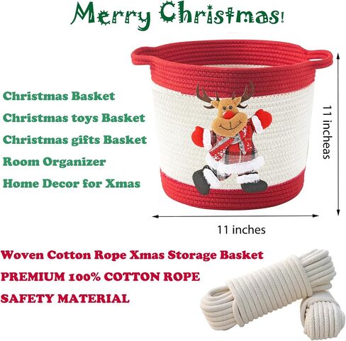 Christmas Gift Basket Empty, Christmas Decoration Storage Basket with Handle for Holiday, Baby Gift Basket for Toys, Towels, Diapers, Woven Cotton Rope Basket With Christmas Reindeer, Red in Kuwait