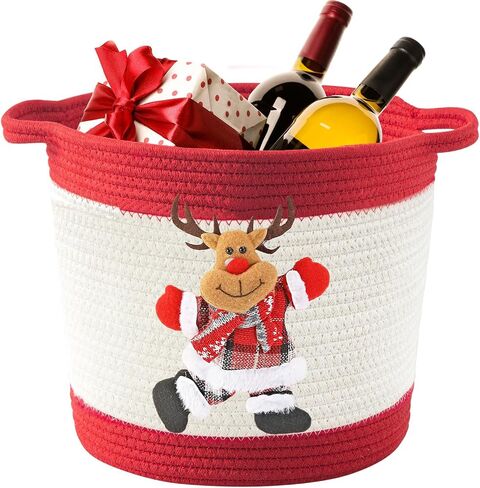 Christmas Gift Basket Empty, Christmas Decoration Storage Basket with Handle for Holiday, Baby Gift Basket for Toys, Towels, Diapers, Woven Cotton Rope Basket With Christmas Reindeer, Red in Kuwait
