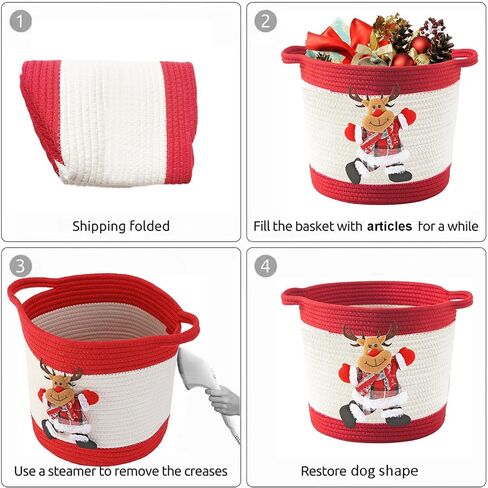 Christmas Gift Basket Empty, Christmas Decoration Storage Basket with Handle for Holiday, Baby Gift Basket for Toys, Towels, Diapers, Woven Cotton Rope Basket With Christmas Reindeer, Red in Kuwait
