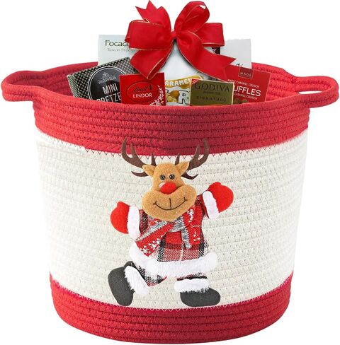 Christmas Gift Basket Empty, Christmas Decoration Storage Basket with Handle for Holiday, Baby Gift Basket for Toys, Towels, Diapers, Woven Cotton Rope Basket With Christmas Reindeer, Red in Kuwait
