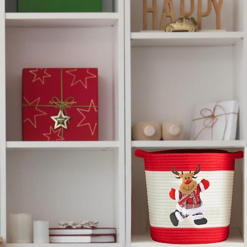Christmas Gift Basket Empty, Christmas Decoration Storage Basket with Handle for Holiday, Baby Gift Basket for Toys, Towels, Diapers, Woven Cotton Rope Basket With Christmas Reindeer, Red in Kuwait