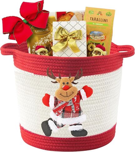 Christmas Gift Basket Empty, Christmas Decoration Storage Basket with Handle for Holiday, Baby Gift Basket for Toys, Towels, Diapers, Woven Cotton Rope Basket With Christmas Reindeer, Red in Kuwait