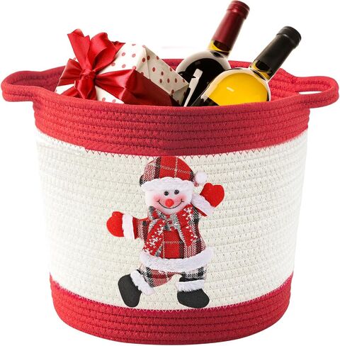 Christmas Gift Basket Empty, Christmas Decoration Storage Basket with Handle for Holiday, Baby Gift Basket for Toys, Towels, Diapers, Woven Cotton Rope Basket With Christmas Reindeer, Red in Kuwait