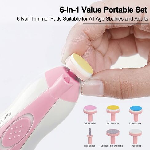 Baby Nail Trimmer Electric, Low Noise Newborn Safe Nail Clipper Kit with Light and Replaceable 6 Grinding Heads, Hand-Holding Care Polish and Trim for Infant Toddler Adults Toes Fingernails, Pink in Saudi Arabia