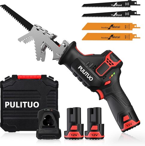 PULITUO Reciprocating Saw Cordless, Power Reciprocating Saws Compact Design，Including 2pcs 2000mAh Li-Ion battery, 1-Hour Fast Charger, Clamp Jaw, 4pcs of Saw Blades for Wood/Metal/PVC in Saudi Arabia