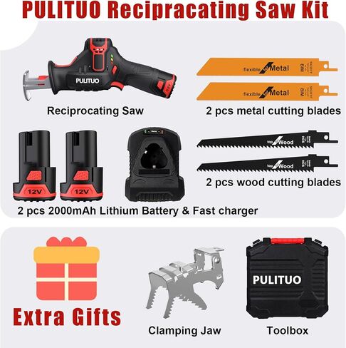 PULITUO Reciprocating Saw Cordless, Power Reciprocating Saws Compact Design，Including 2pcs 2000mAh Li-Ion battery, 1-Hour Fast Charger, Clamp Jaw, 4pcs of Saw Blades for Wood/Metal/PVC in Saudi Arabia