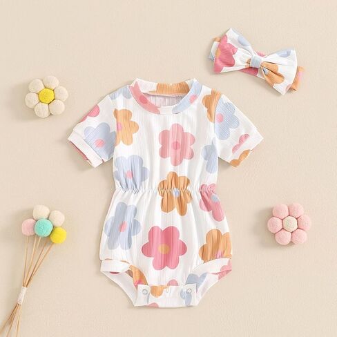 Baby Girl Summer Clothes Ribbed Short Sleeve Romper Solid Color Bodysuits Bow Headband Outfit Newborn Girl Jumpsuit in Saudi Arabia