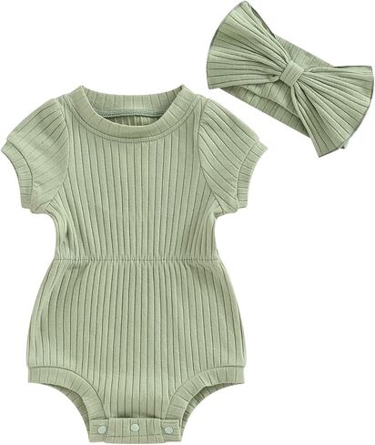 Baby Girl Summer Clothes Ribbed Short Sleeve Romper Solid Color Bodysuits Bow Headband Outfit Newborn Girl Jumpsuit in Saudi Arabia