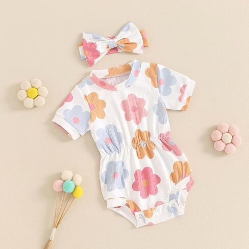 Baby Girl Summer Clothes Ribbed Short Sleeve Romper Solid Color Bodysuits Bow Headband Outfit Newborn Girl Jumpsuit in Saudi Arabia