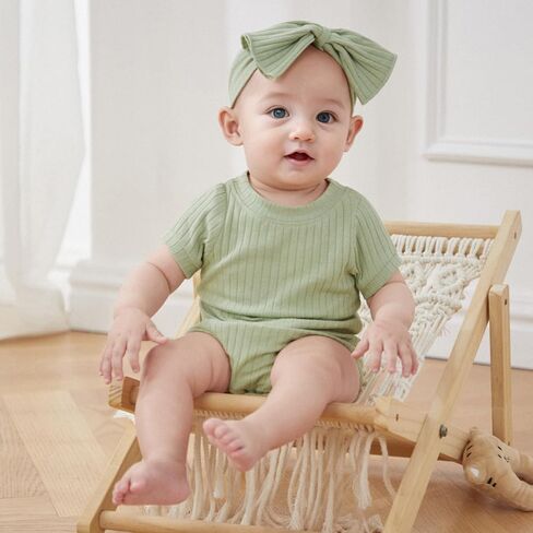 Baby Girl Summer Clothes Ribbed Short Sleeve Romper Solid Color Bodysuits Bow Headband Outfit Newborn Girl Jumpsuit in Saudi Arabia