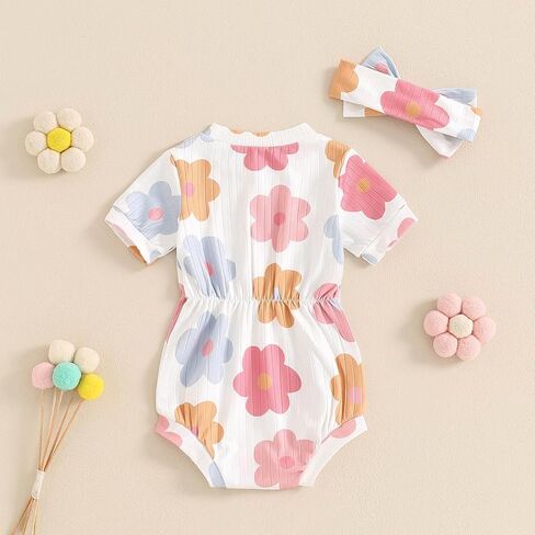 Baby Girl Summer Clothes Ribbed Short Sleeve Romper Solid Color Bodysuits Bow Headband Outfit Newborn Girl Jumpsuit in Saudi Arabia