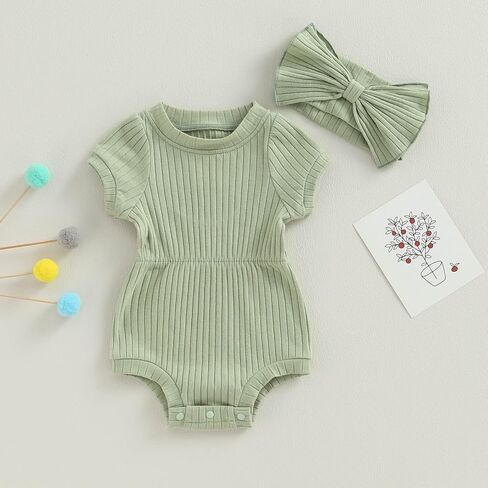 Baby Girl Summer Clothes Ribbed Short Sleeve Romper Solid Color Bodysuits Bow Headband Outfit Newborn Girl Jumpsuit in Saudi Arabia