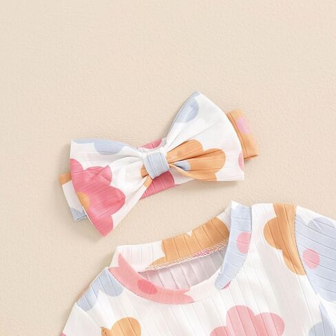 Baby Girl Summer Clothes Ribbed Short Sleeve Romper Solid Color Bodysuits Bow Headband Outfit Newborn Girl Jumpsuit in Saudi Arabia