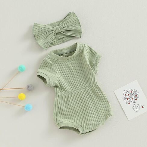 Baby Girl Summer Clothes Ribbed Short Sleeve Romper Solid Color Bodysuits Bow Headband Outfit Newborn Girl Jumpsuit in Saudi Arabia