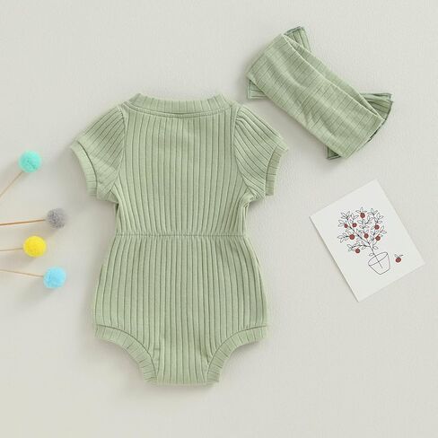 Baby Girl Summer Clothes Ribbed Short Sleeve Romper Solid Color Bodysuits Bow Headband Outfit Newborn Girl Jumpsuit in Saudi Arabia