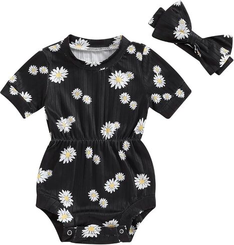 Baby Girl Summer Clothes Ribbed Short Sleeve Romper Solid Color Bodysuits Bow Headband Outfit Newborn Girl Jumpsuit in Saudi Arabia