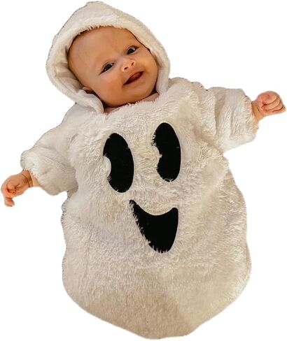 Baby Girl Boy Halloween Ghost Plush Hoodie Romper | Unisex Baby Newborn Infant Halloween Outfits Ghost/Pumpkin/Bat/Spider Hooded Romper Long Sleeve Plush Zipper Onesie Bodysuit in Saudi Arabia
