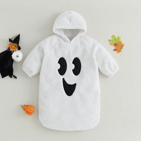 Baby Girl Boy Halloween Ghost Plush Hoodie Romper | Unisex Baby Newborn Infant Halloween Outfits Ghost/Pumpkin/Bat/Spider Hooded Romper Long Sleeve Plush Zipper Onesie Bodysuit in Saudi Arabia
