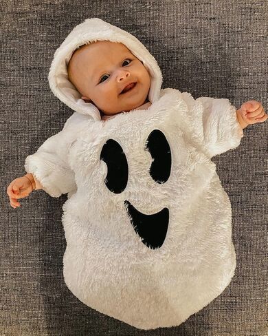Baby Girl Boy Halloween Ghost Plush Hoodie Romper | Unisex Baby Newborn Infant Halloween Outfits Ghost/Pumpkin/Bat/Spider Hooded Romper Long Sleeve Plush Zipper Onesie Bodysuit in Saudi Arabia