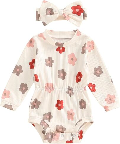 Infant Baby Girl Fall Outfit Clothes Long Sleeve Knit Romper Jumpsuit with Headband Newborn Coming Home Clothing in Kuwait