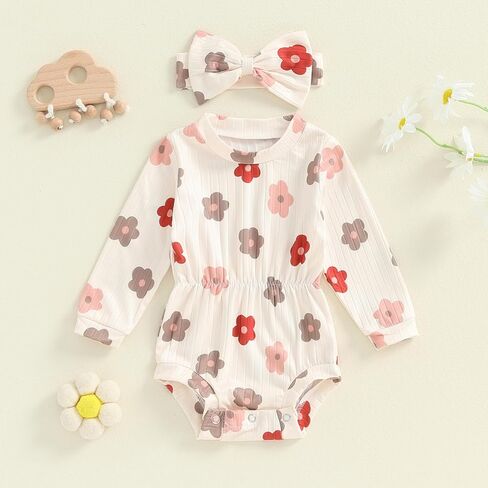 Infant Baby Girl Fall Outfit Clothes Long Sleeve Knit Romper Jumpsuit with Headband Newborn Coming Home Clothing in Kuwait