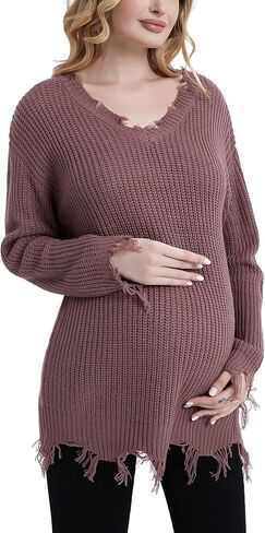 Bhome سترة الأمومة ممزق فضفاض الخامس الرقبة كتف واحد قبالة متماسكة الأمومة البلوز طويلة الأكمام سترة الحوامل in Kuwait