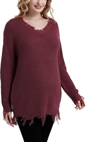 Bhome Maternity Sweater Ripped Loose V Neck One Shoulder Off Knit Maternity Pullover Long Sleeve Pregnant Sweater Top in Saudi Arabia