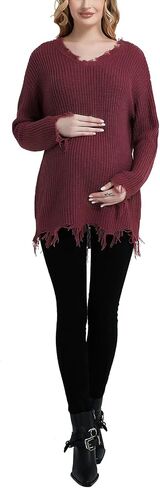 Bhome Maternity Sweater Ripped Loose V Neck One Shoulder Off Knit Maternity Pullover Long Sleeve Pregnant Sweater Top in Saudi Arabia
