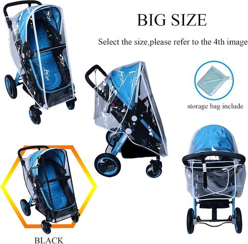 Baby Stroller Rain Cover Umbrella Weather Shield Accessories Universal Size Protect from Rain Wind Snow Dust Water Proof Ventilate Clear Food Grade Materia EVA Plastic Zipper Black (Large) in Saudi Arabia