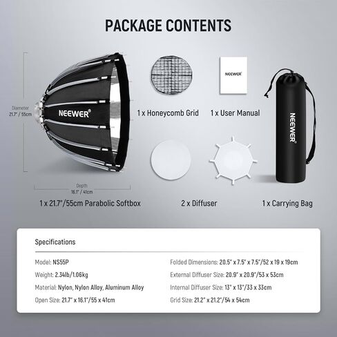 NEEWER 22 بوصة/55 سم صندوق Softbox مكافئ سريع الإعداد قابل للطي السريع، مع ناشرات/شبكة/حقيبة، متوافق مع Aputure 60X S 150c 300c NEEWER RGB CB60 MS60B MS60C CB200B وأضواء تثبيت Bowens الأخرى in Saudi Arabia