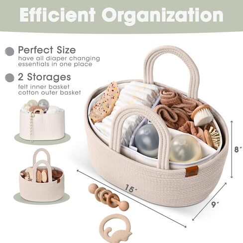 J&JOO 2-in-1 Baby Diaper Caddy Organizer, Water-Resistant Lining Protection, Easy Care, Basket for Changing Table or Dresser, Multi-Use, Newborn Baby Essentials in Saudi Arabia
