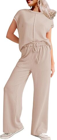 SHEWIN Women's 2 Piece Outfits Lounge Sets Casual Cap Sleeve Pullover Tops Matching Drawstring Wide Leg Pants Tracksuit Set in Kuwait