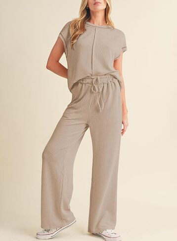 SHEWIN Women's 2 Piece Outfits Lounge Sets Casual Cap Sleeve Pullover Tops Matching Drawstring Wide Leg Pants Tracksuit Set in Kuwait