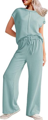 SHEWIN Women's 2 Piece Outfits Lounge Sets Casual Cap Sleeve Pullover Tops Matching Drawstring Wide Leg Pants Tracksuit Set in Saudi Arabia
