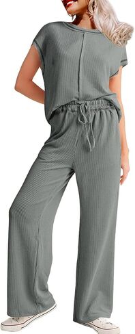 SHEWIN Women's 2 Piece Outfits Lounge Sets Casual Cap Sleeve Pullover Tops Matching Drawstring Wide Leg Pants Tracksuit Set in Saudi Arabia