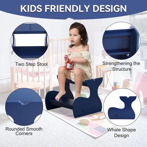 Wood Step Stools for Kids, Child Two Step Stool of Whale Shape, Toddler Step Stool Potty Training Stool, Easy to Move Safety Stepping Stool for Kitchen, Bathroom, Bedroom, Toilet in Saudi Arabia