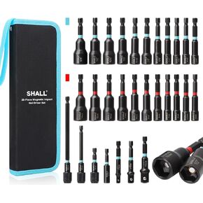 SHALL 29PCS Magnetic Nut Driver Set, Impact Drill Driver Bit 1/4" Hex Shank, SAE & Metric Cr-V Steel Power Nut Drivers with Quick-release Extensions, Impact Socket Adapters, Bit Holder and Storage Bag