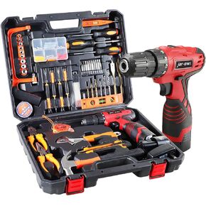 Tool Kits with Drill for All Purpose,Tool Box with Tools for Home Office Repair,16.8V Power Cordless Drill with Battery Charger,Household Tool Set with Electric Drill Driver for Men Women-Black/Red