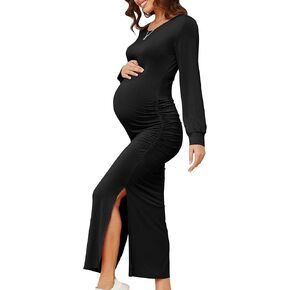 Women's Maternity Dress Long Sleeve Bodycon Midi Dresses Split Maternity Dress for Baby Shower Fall Pregnancy Clothes