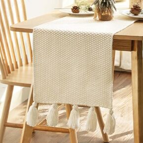 Christmas Table Runner: 12 x 72 Inch Soft Boho Knit Table Runner with Tassels, Cream Farmhouse Table Runner, Home Decor Table Runner for Bohemian Dining Bedroom Decor Rustic